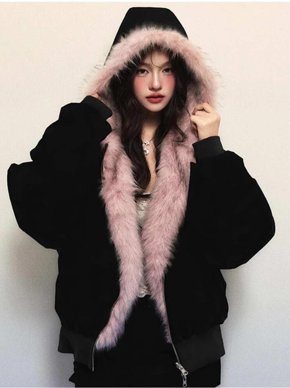 1P Studio Reversible Hooded Bomber Jacket Black Gradient Pink Faux Fur Size S